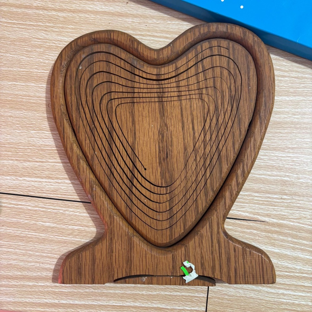 Vintage Heart Shaped Collapsible Wooden Fruit Basket Folding Trivet Bowl Wood